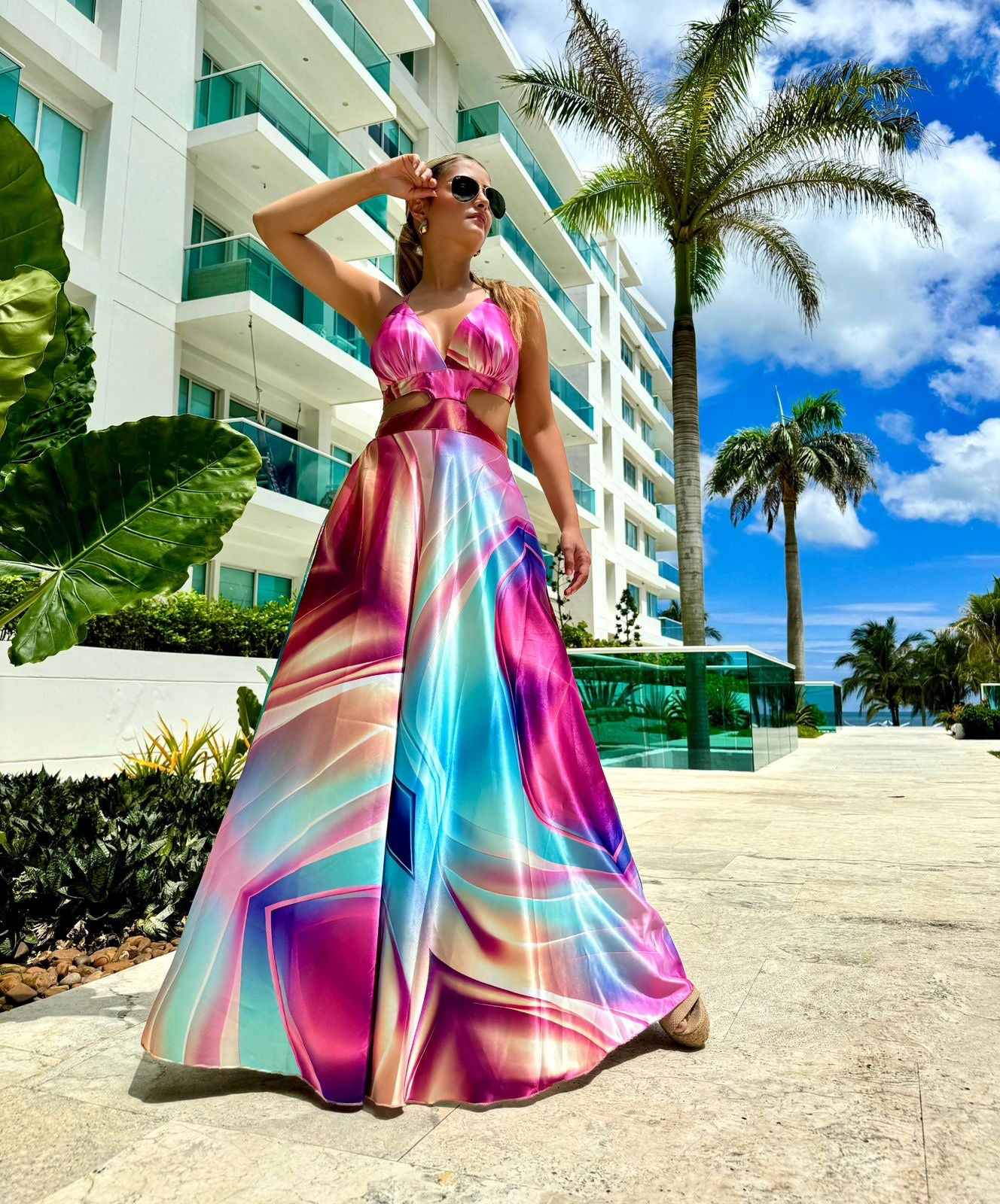 knee length dresses for ladies Venus Orange Blue Dress