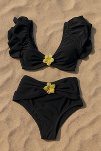 Black Flower High Waisted Bikini