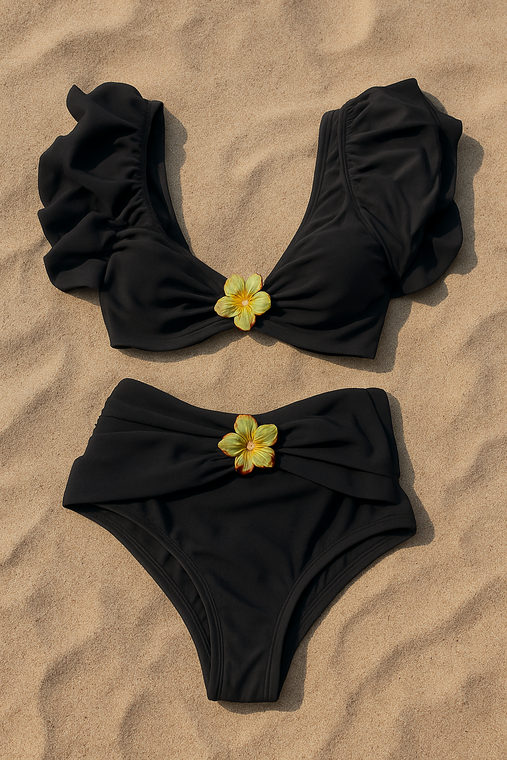 Black Flower High Waisted Bikini